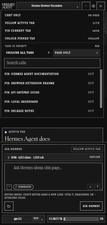 Hermes Browser Extension context scope menu with Chat only, Follow active tab, and Page only controls