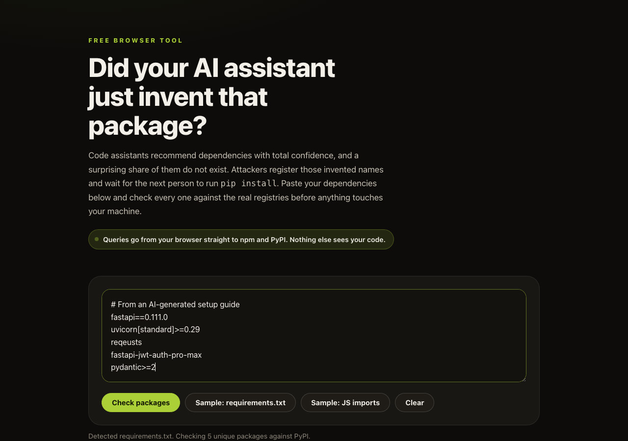 Package Reality Check flagging two invented packages from an AI-generated requirements.txt, with did-you-mean hints