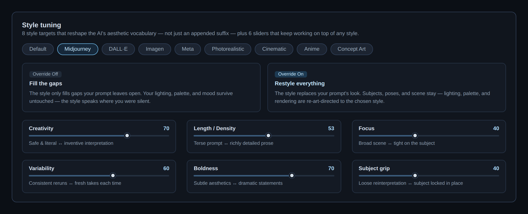 Style tuning: 8 style targets, override modes, 6 sliders