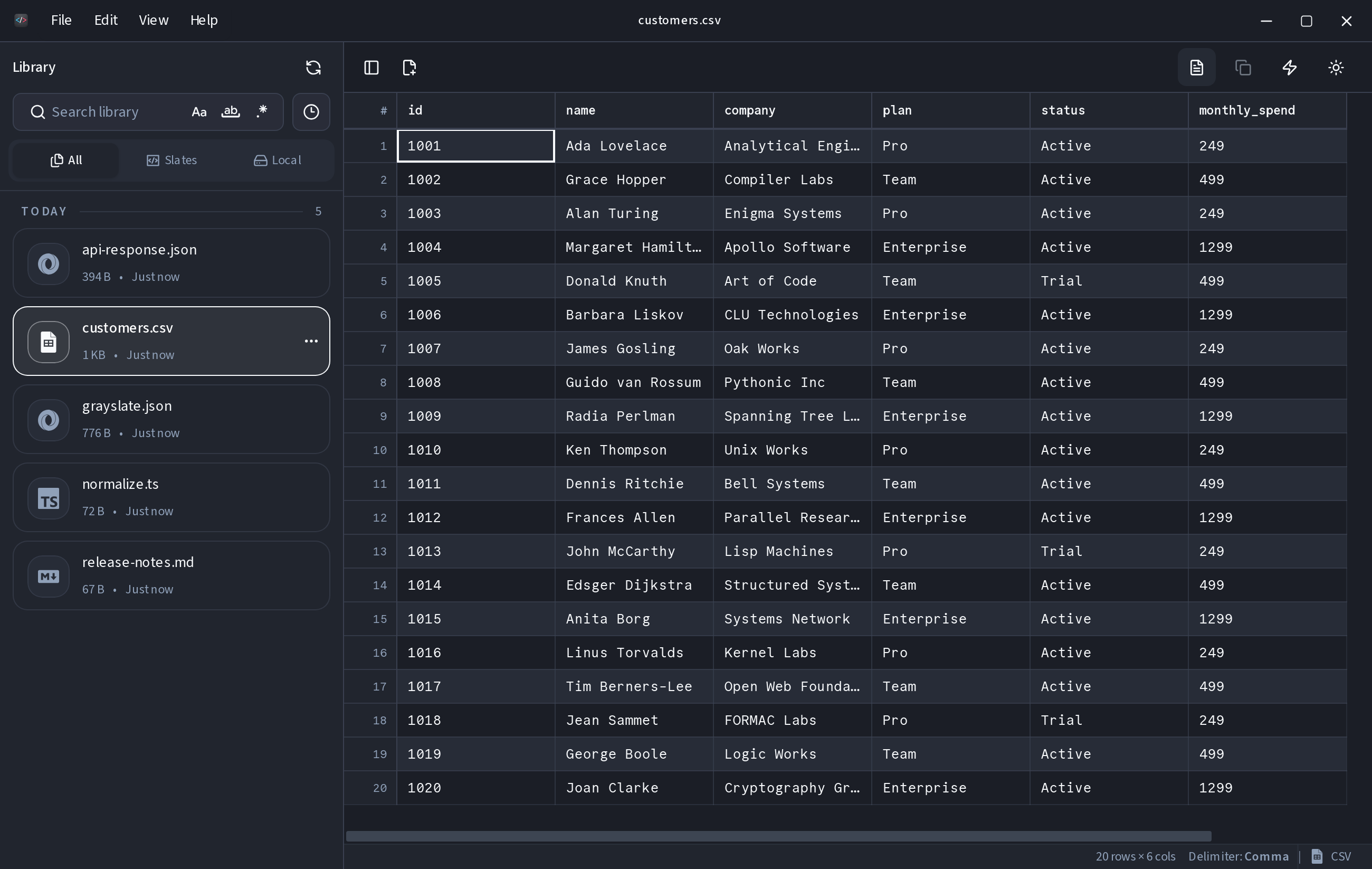 CSV table view