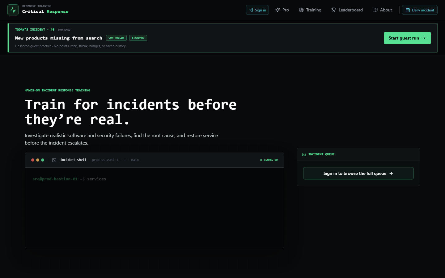 Critical Response landing page with the Daily Incident and terminal demonstration