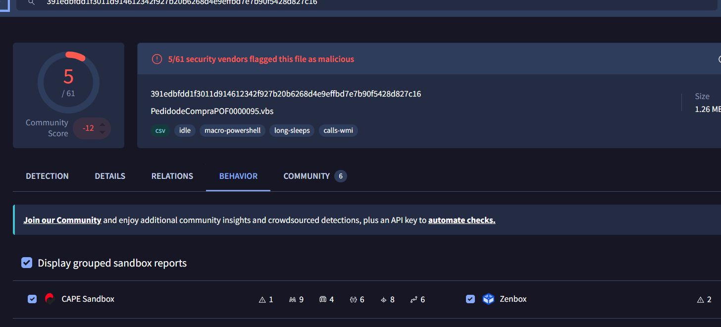 VirusTotal 检测比例 —— 尽管已确认具有恶意行为,静态评分依然很低
