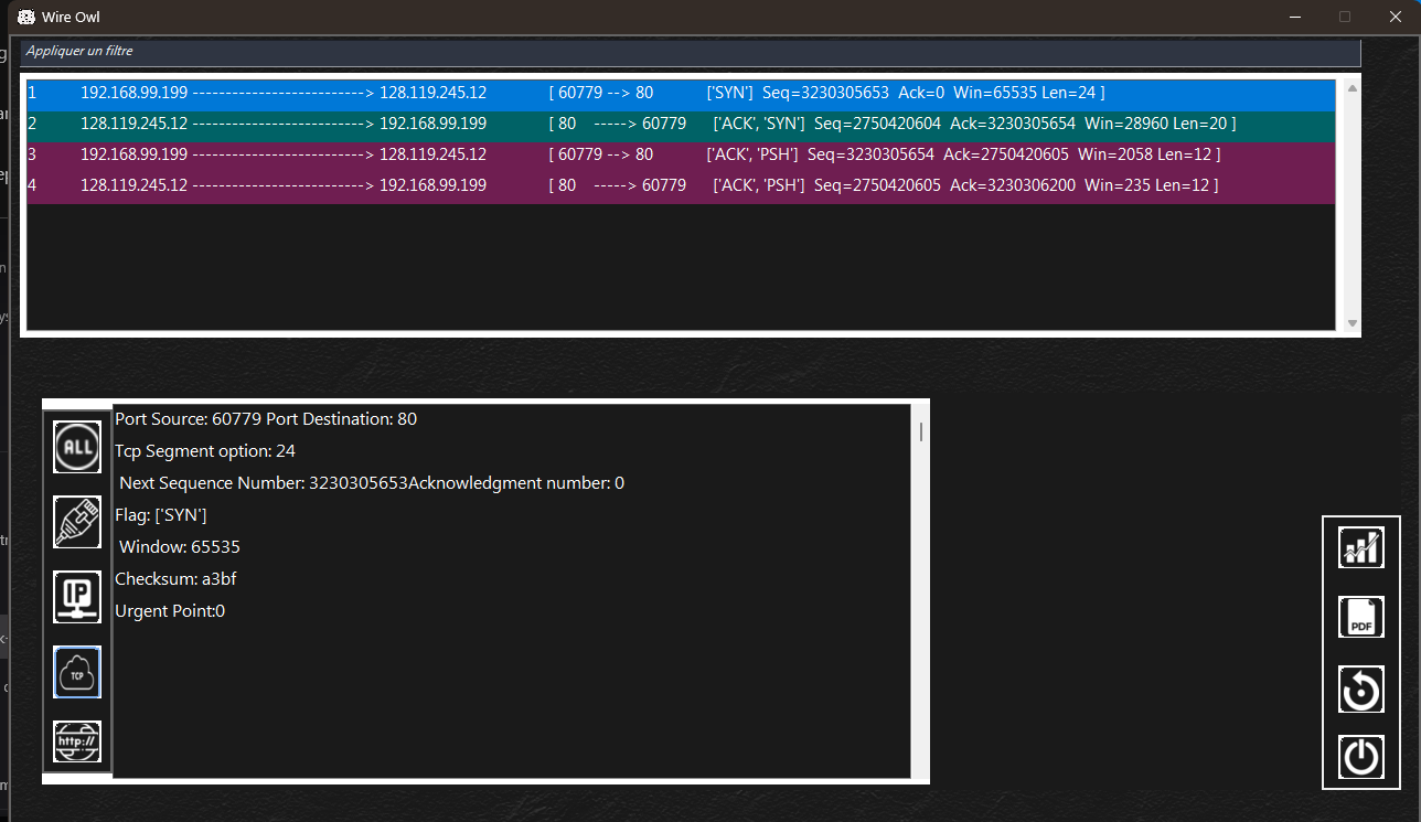 Frame list showing a TCP handshake, with the TCP layer of the selected frame decoded below