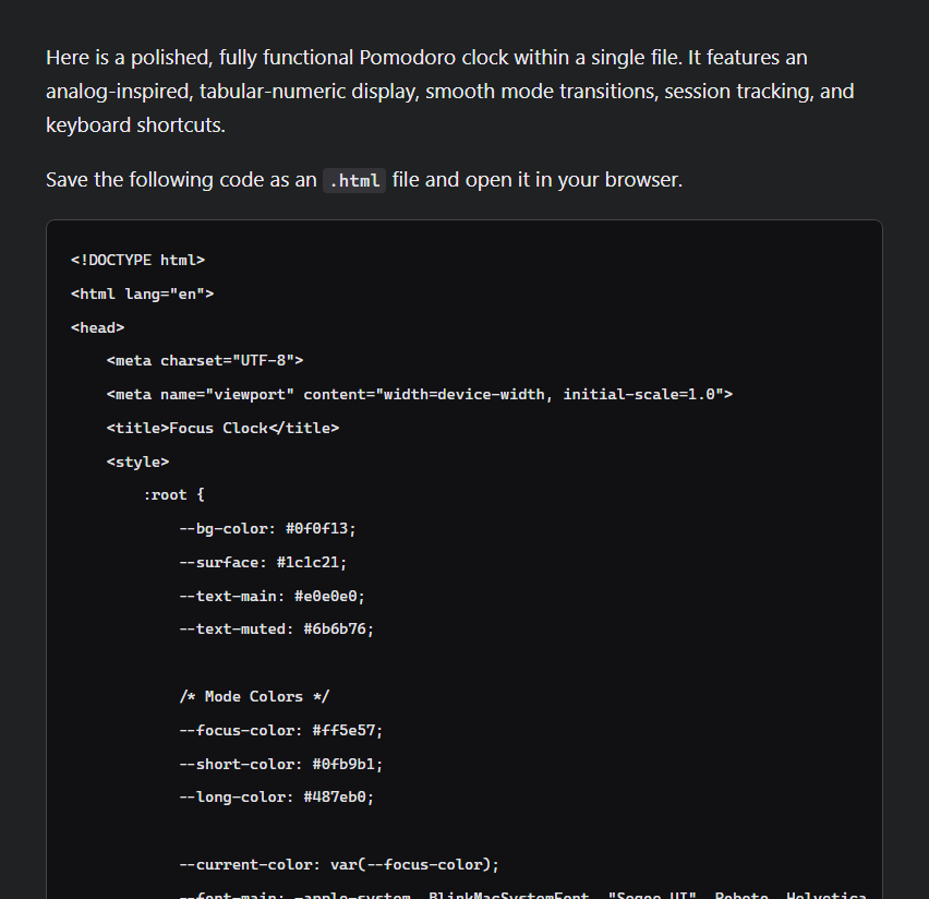 A Markdown-only response containing a complete Pomodoro clock implementation