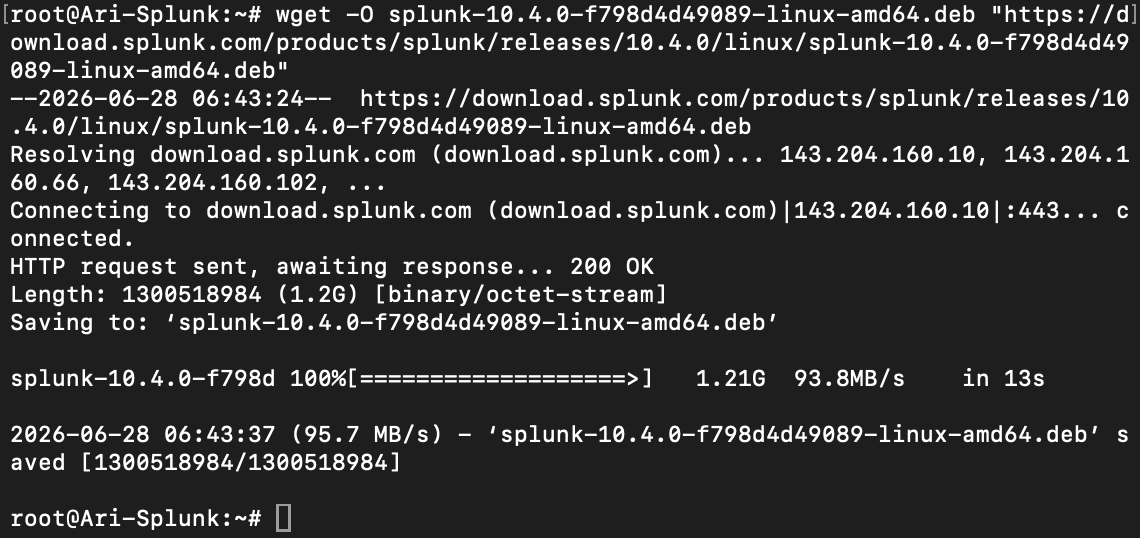 root@Ari-Splunk-# wget -0 splunk-10 4 0-f798d4d49089-11nux-and64 deb