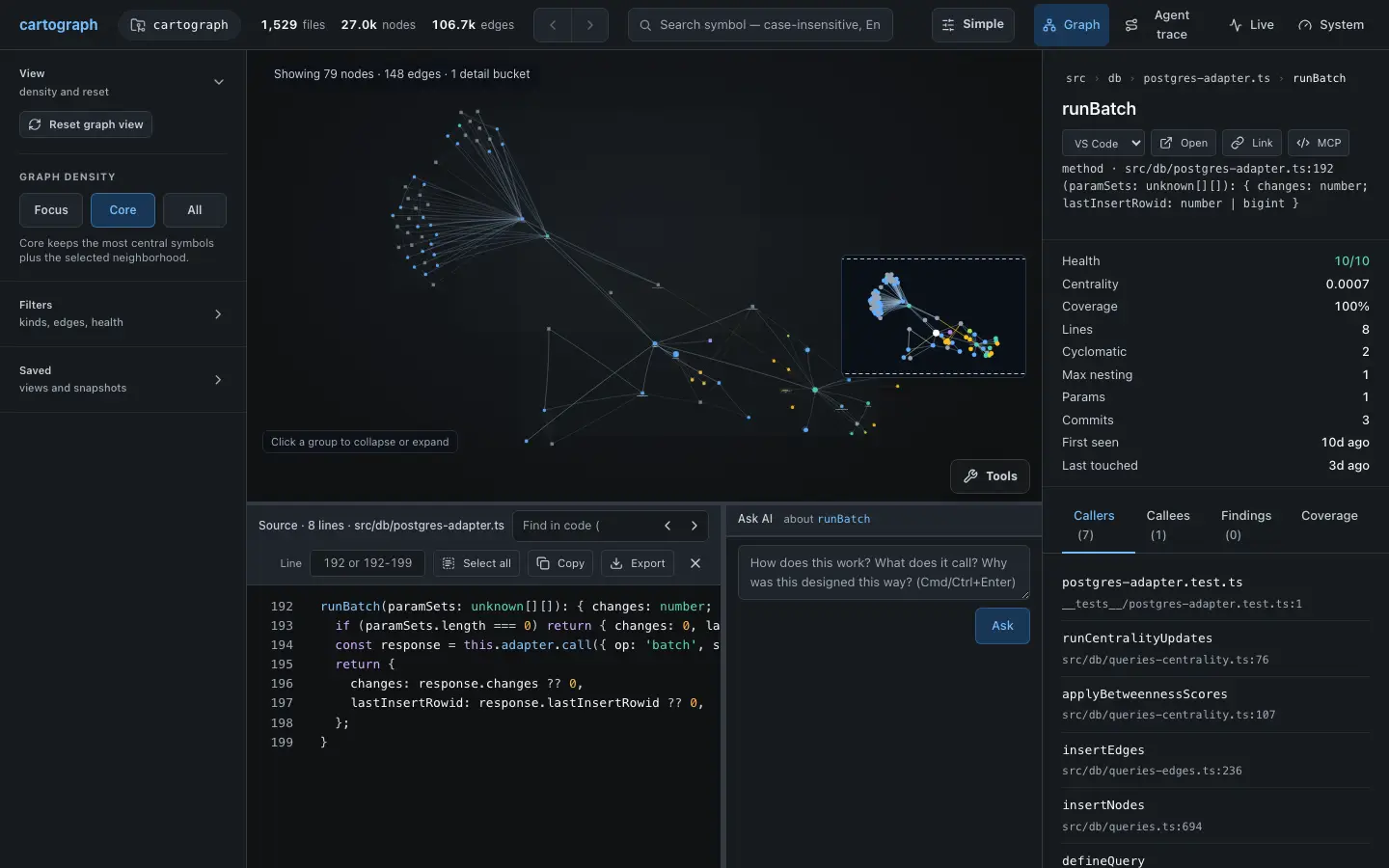 Cartograph viewer tour cycling through a focused symbol graph with detail pane, the System overview with readiness meters and LLM backend status, the health dashboard, the agent-trace timeline, and the live tool-call feed