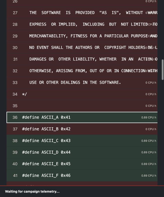 BigEye Coverage view showing covered and uncovered libexpat source lines with CPU exposure