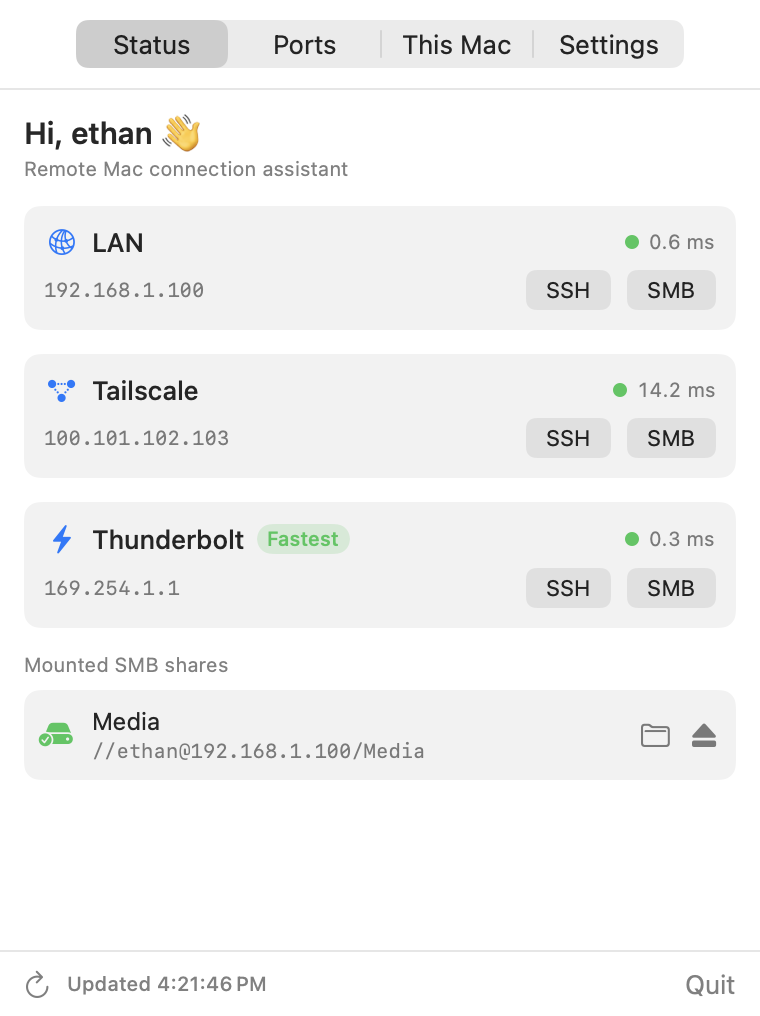 Status tab — live latency per route with one-click SSH and SMB