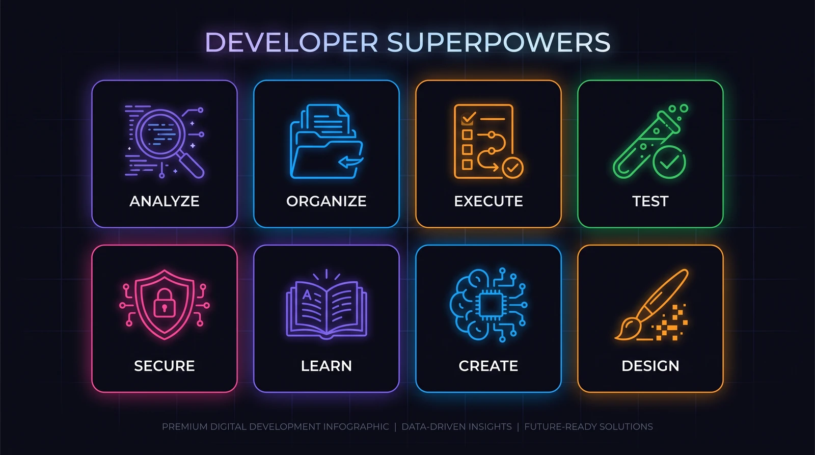Eight developer superpowers: Analyze, Organize, Execute, Test, Secure, Learn, Create, Design
