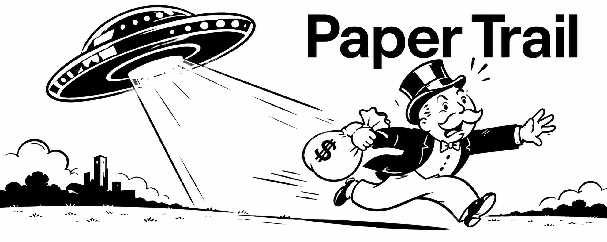 Paper Trail: a cartoon tycoon fleeing with a money bag while a UFO's tractor beam catches him