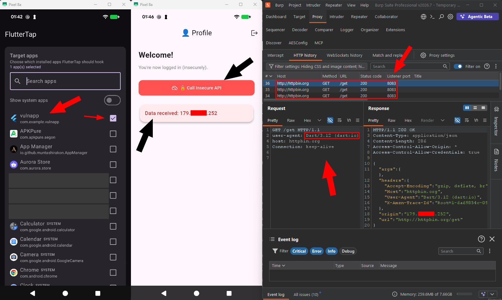VulnApp targeted, request triggered, and traffic captured in Burp