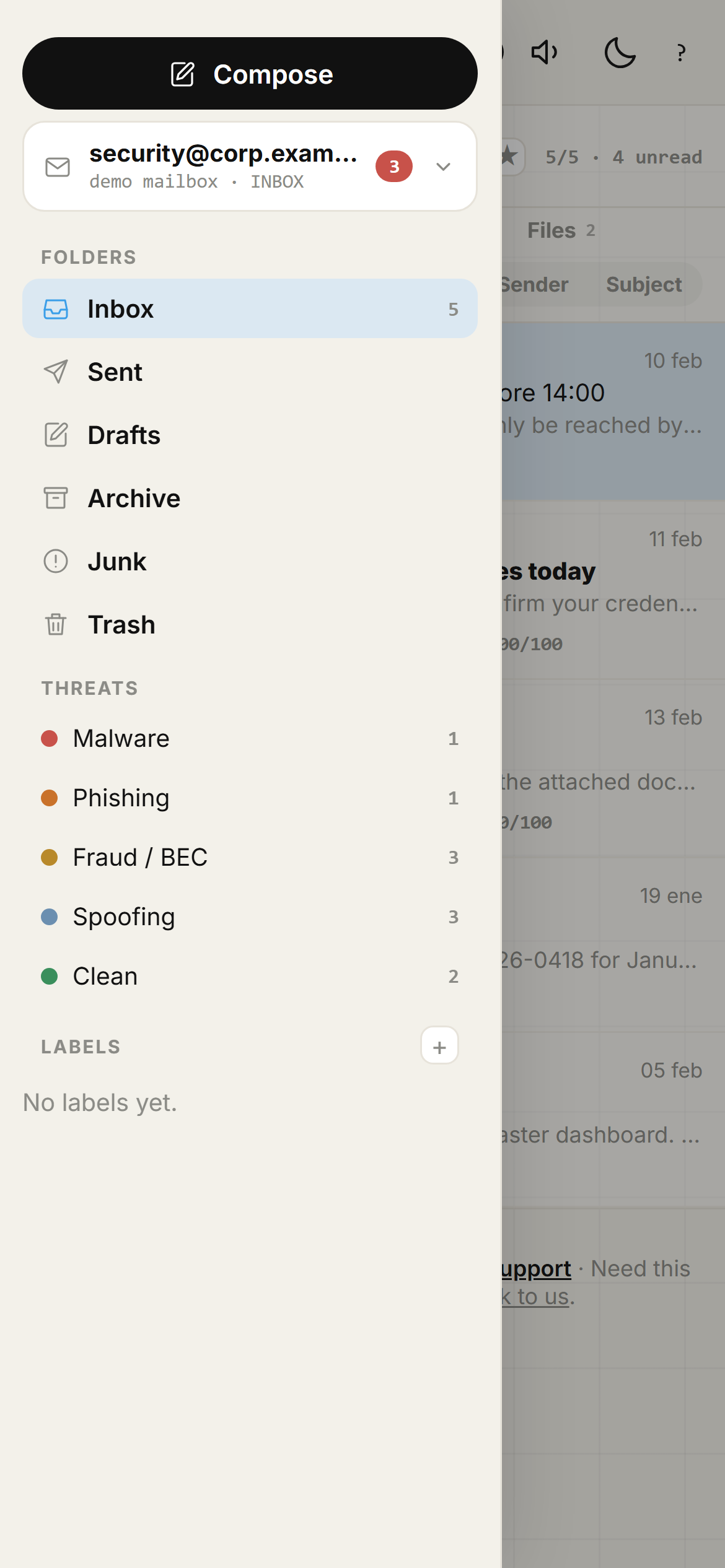 MailAegis mobile folder and threat category drawer