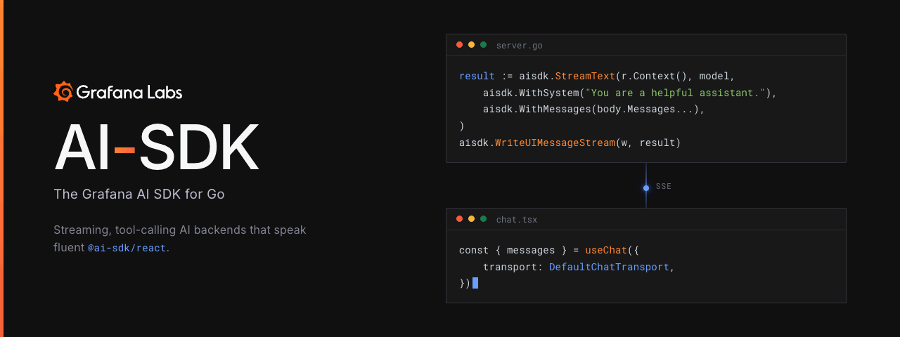 Grafana AI SDK for Go — streaming, tool-calling AI backends that speak fluent @ai-sdk/react