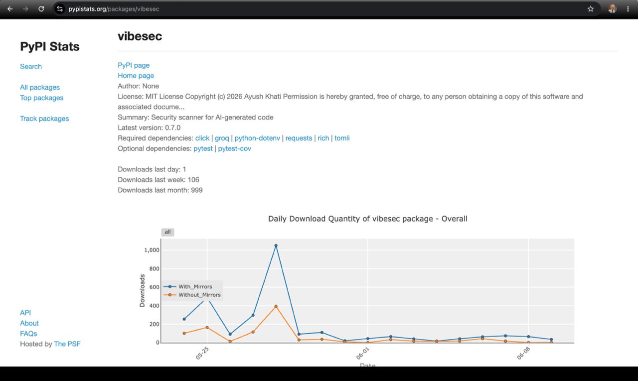 VibeSec v0.7.0 terminal scan summary showing severity counts, risk score, files scanned, scan duration, rules checked, and grouped findings