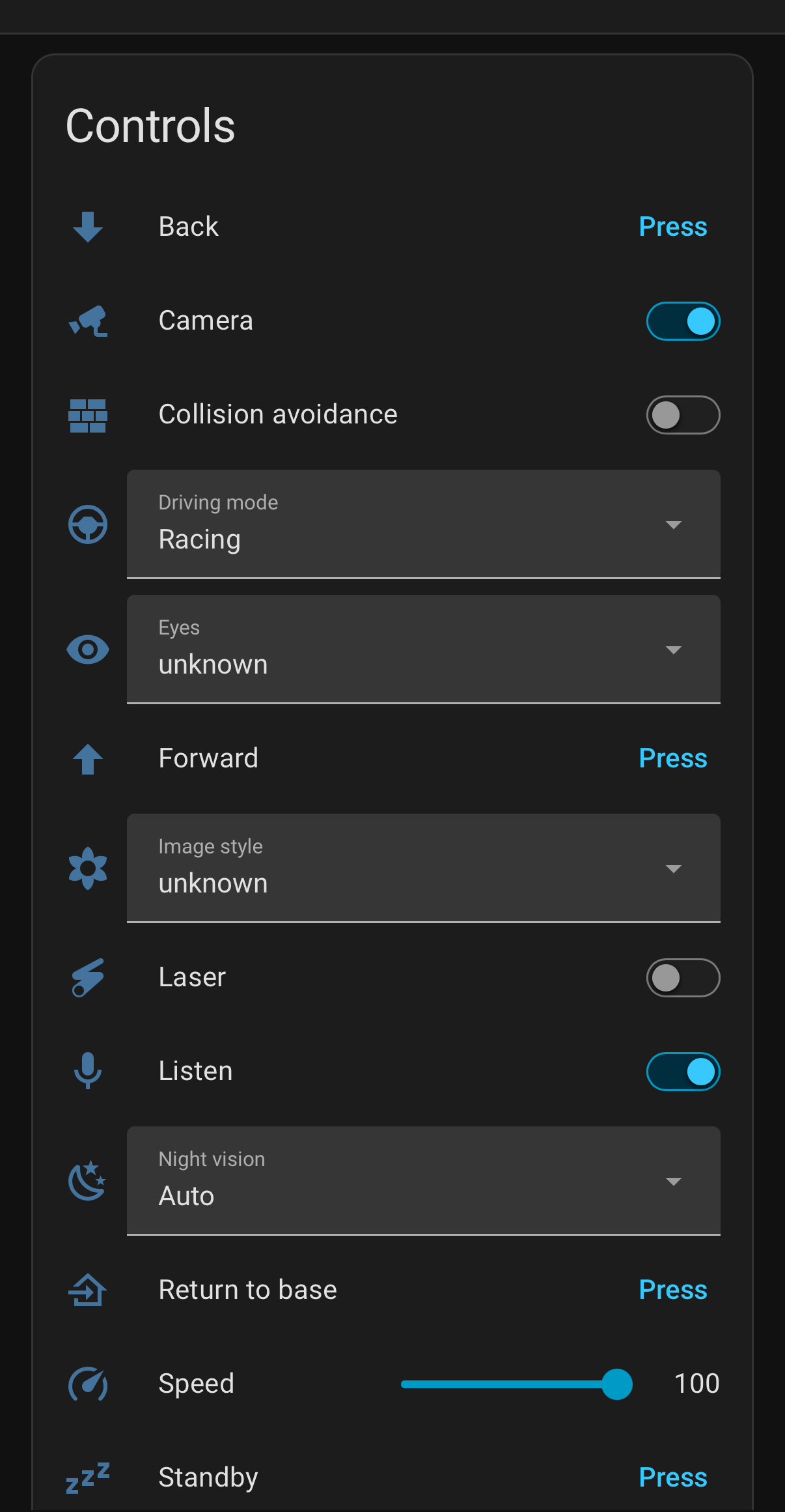 A robot as a Home Assistant device, with entities for camera, laser, listen, night vision, driving mode and more