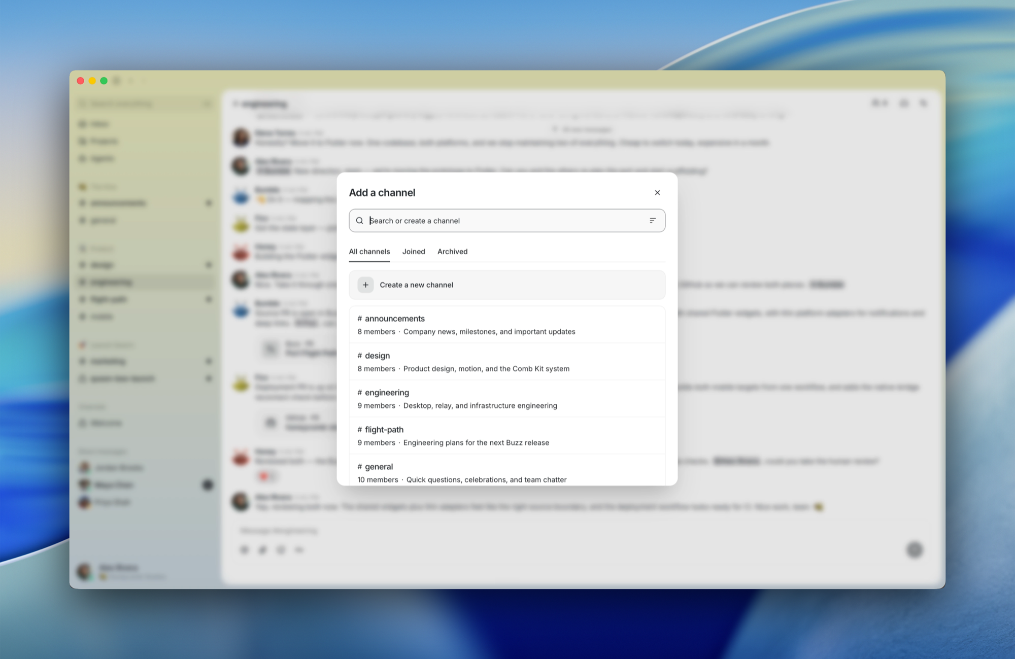 The Add a channel dialog with search, filters, and channels to join or create