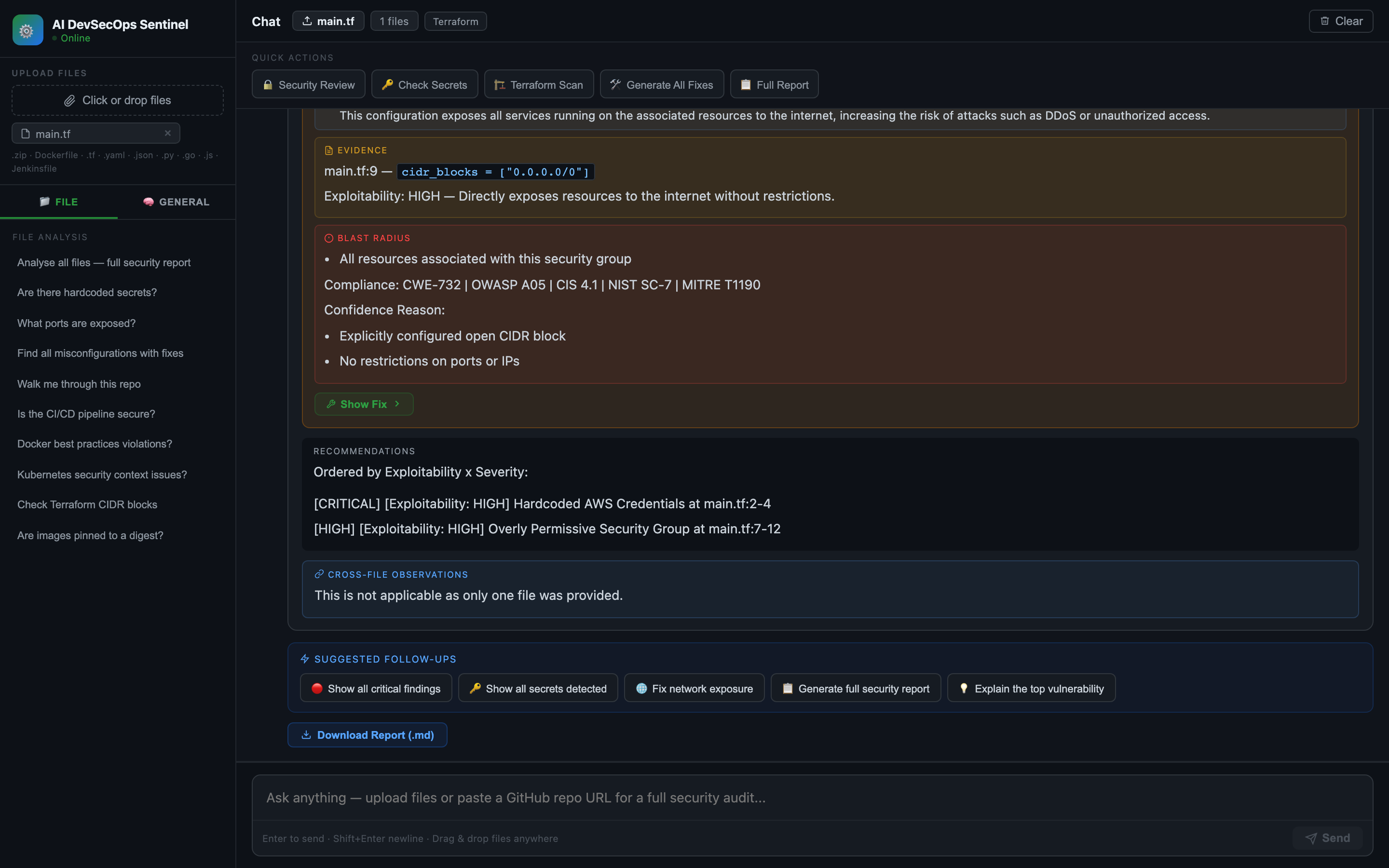 Security analysis with findings
