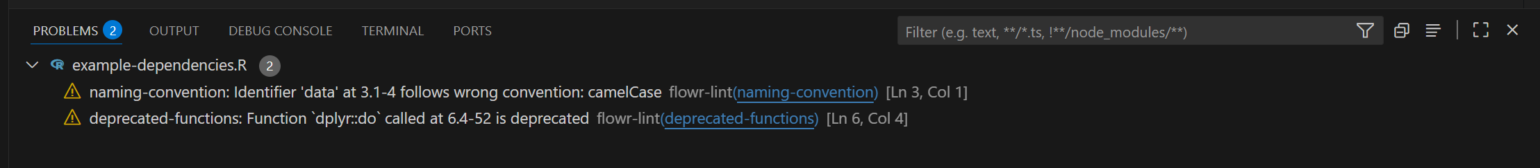 A screenshot of a set of linting results in the Problems view