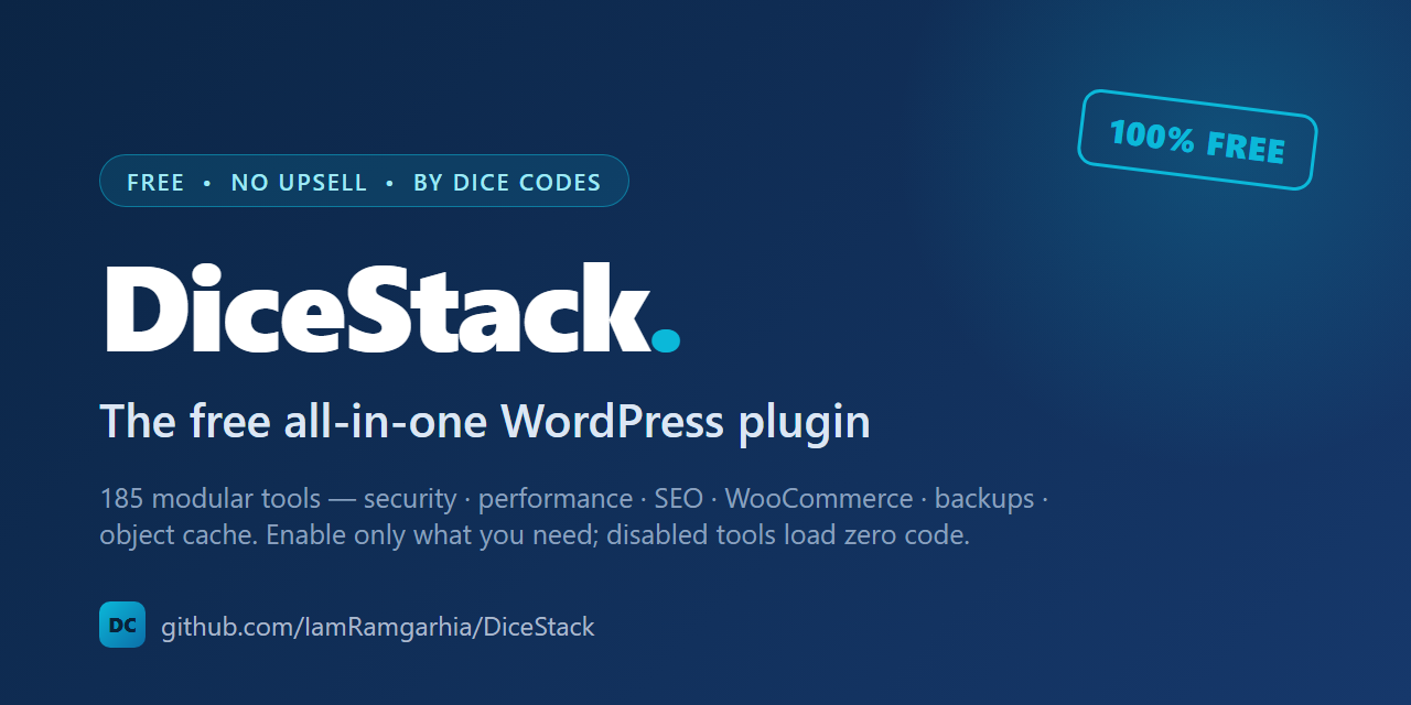 DiceStack — the free all-in-one WordPress plugin with 196 modular tools for security, performance, SEO, WooCommerce, caching and backups