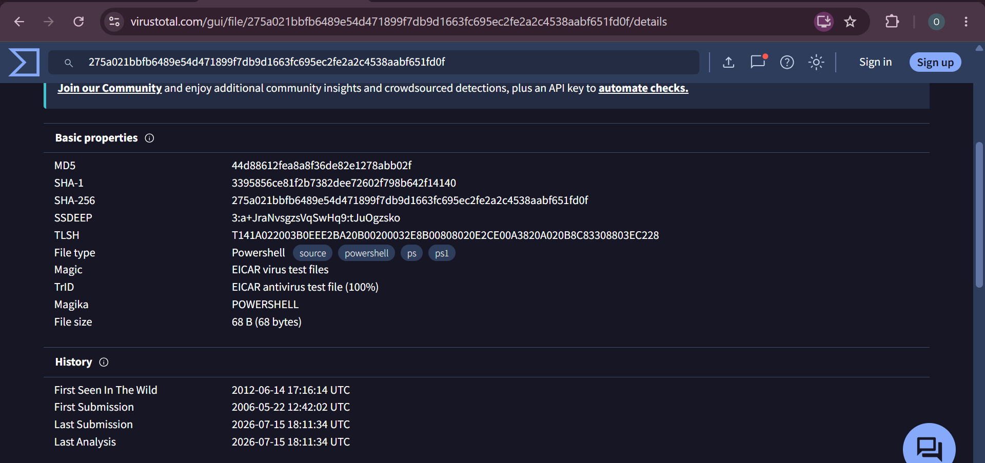 VirusTotal 文件详细信息