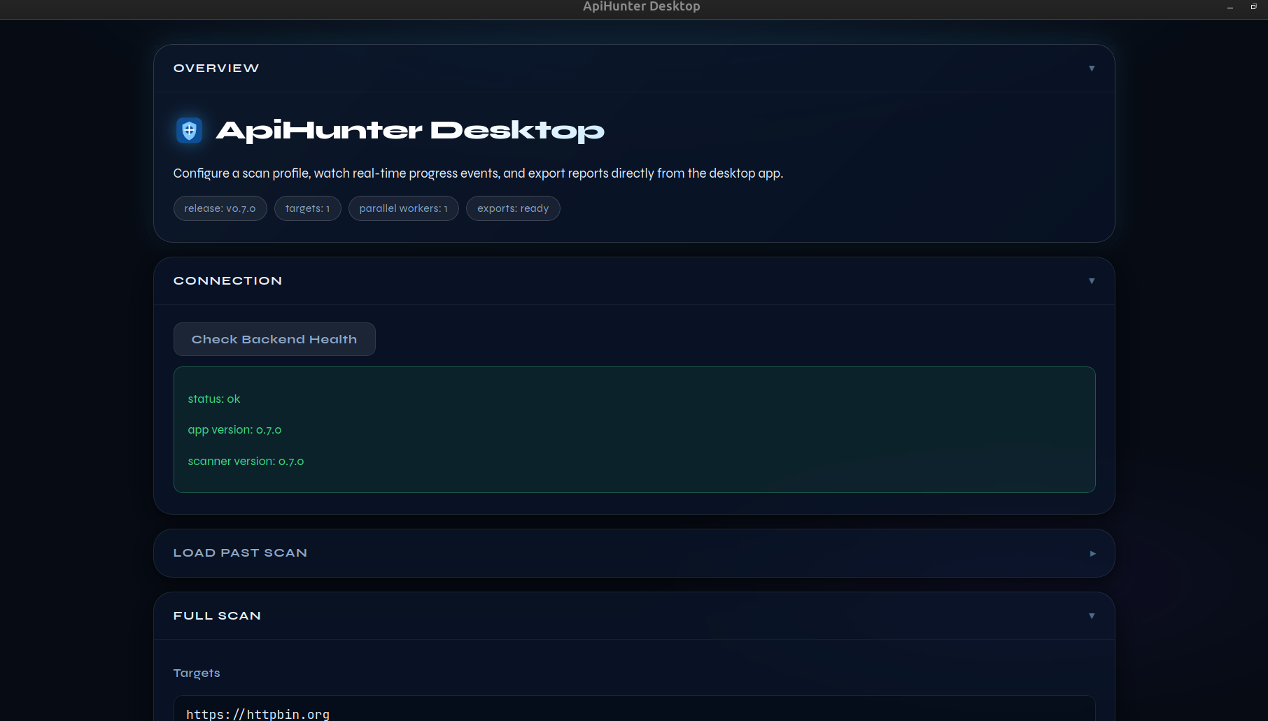 ApiHunter Desktop — Overview panel with version chip, health check, and Full Scan target input