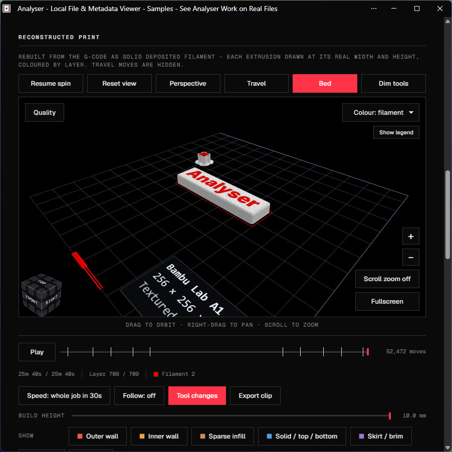 G-code toolpath viewer reconstructing a printed plaque