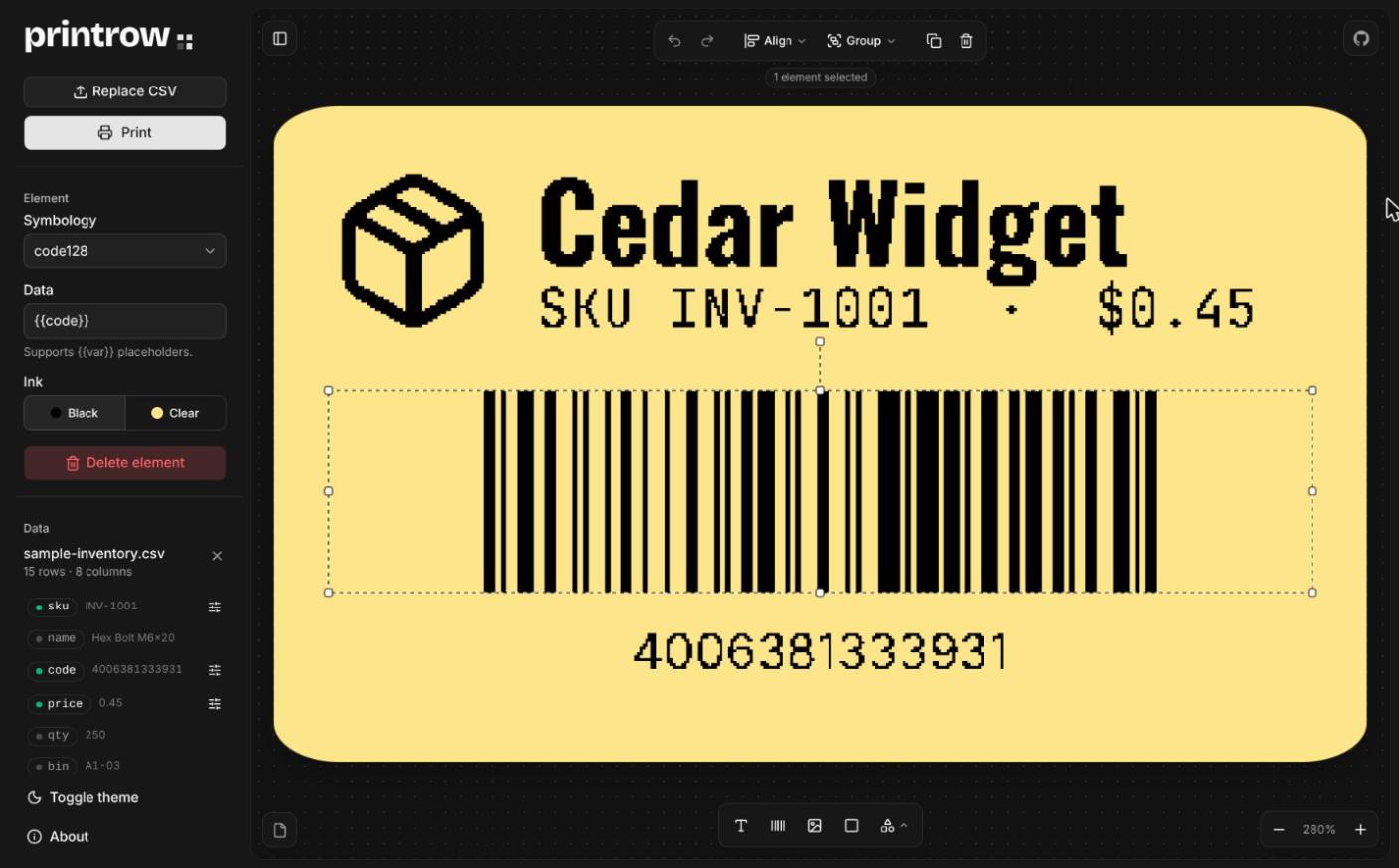 printrow 编辑器:一个带有包裹图标的黄色标签,包含产品名称和 Code 128 条形码,其中的 SKU、价格和条形码数据会从导入的 CSV 中实时解析并显示在侧边的列面板中