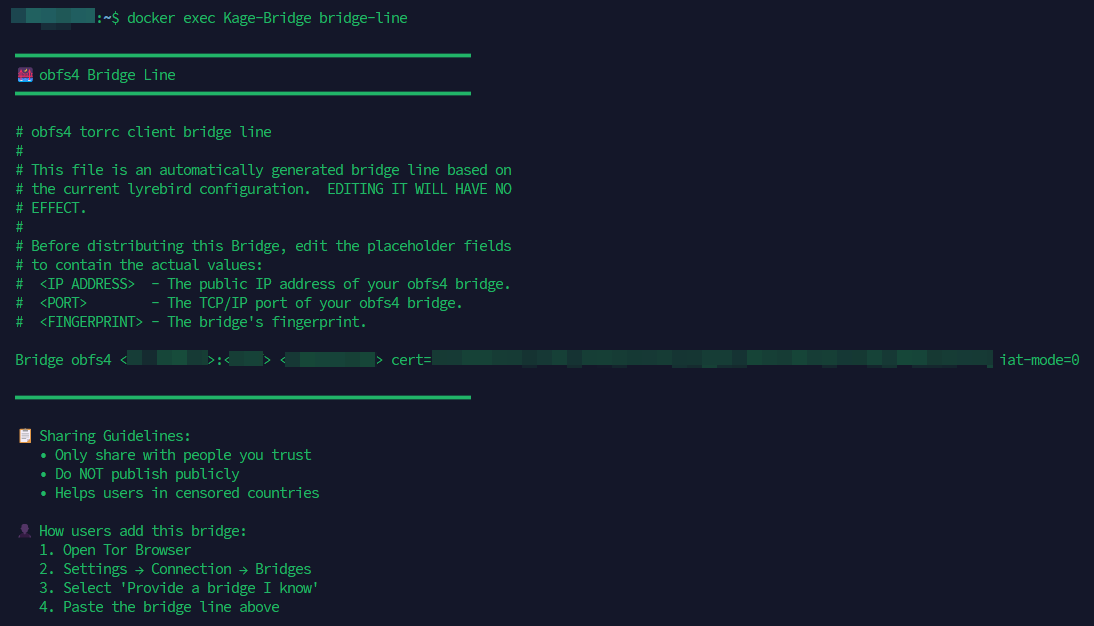 Generated obfs4 client bridge line and sharing guidance