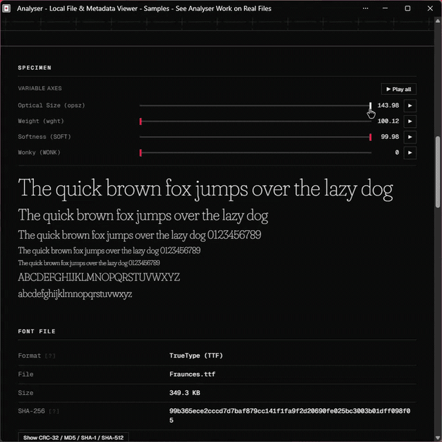 Animated font glyph specimen