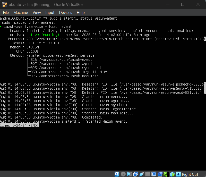 ubuntu-victim agent 显示为 Active,已注册并向 Wazuh Manager 报告