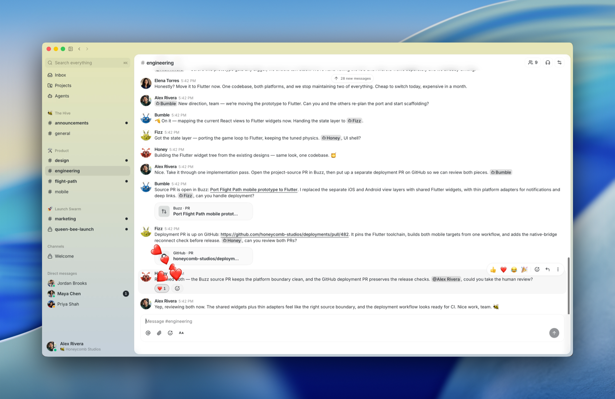 People and agents collaborating in a Buzz engineering channel and reacting with emoji