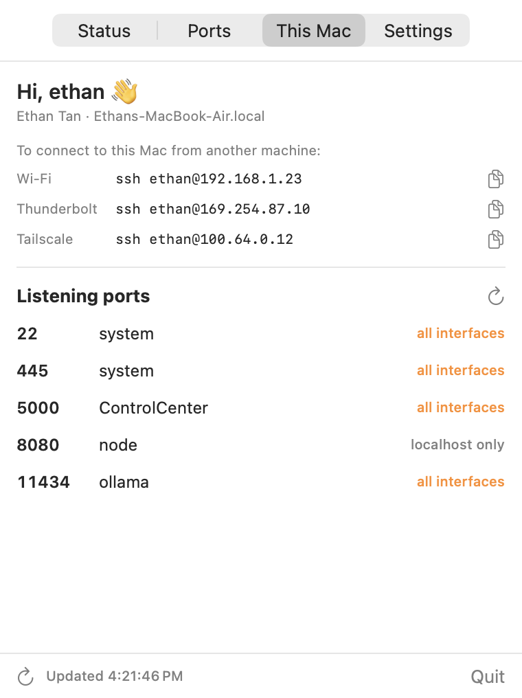 This Mac — local IPs and listening ports