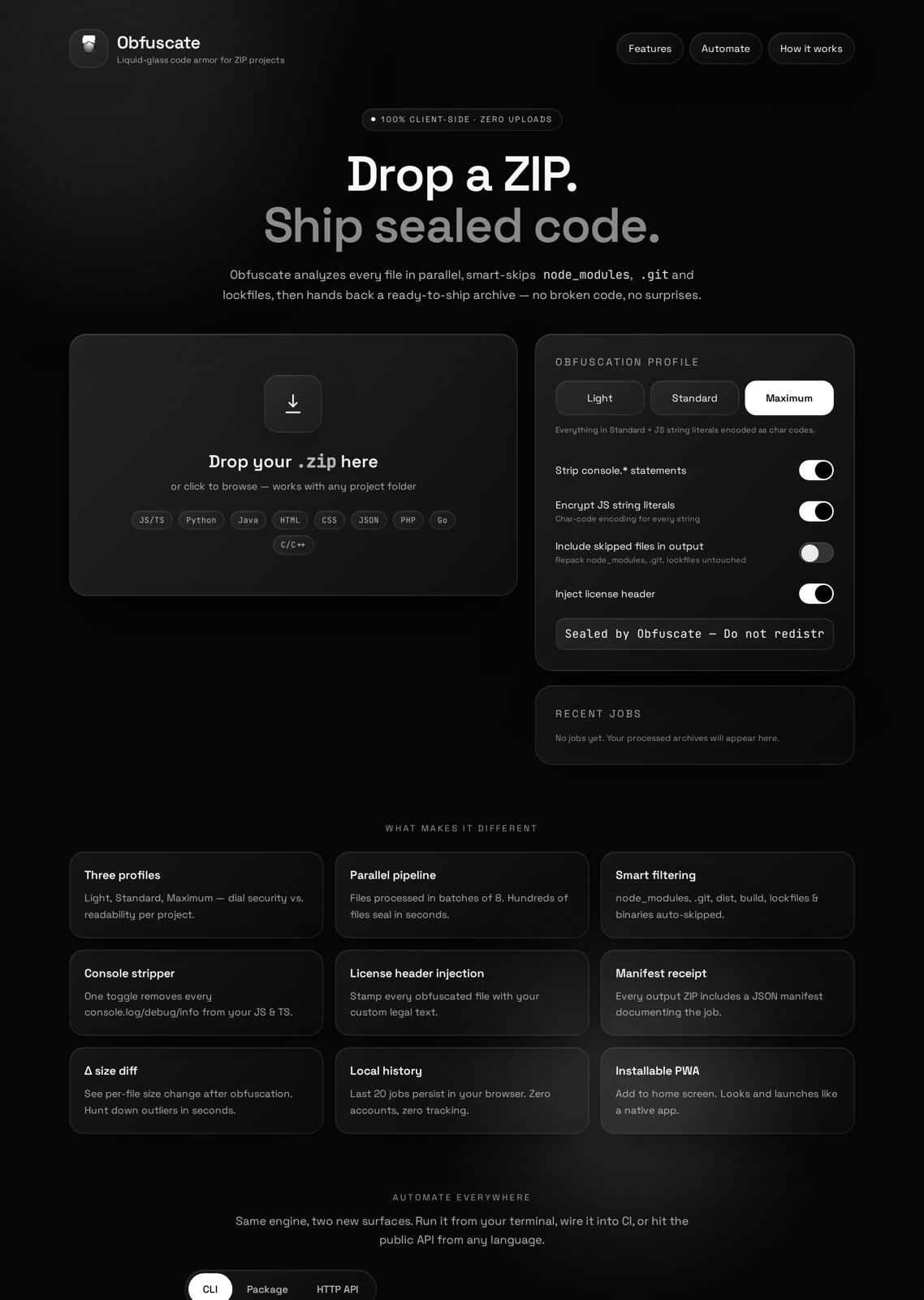 Just Obfuscate — drop a ZIP and obfuscate it in the browser