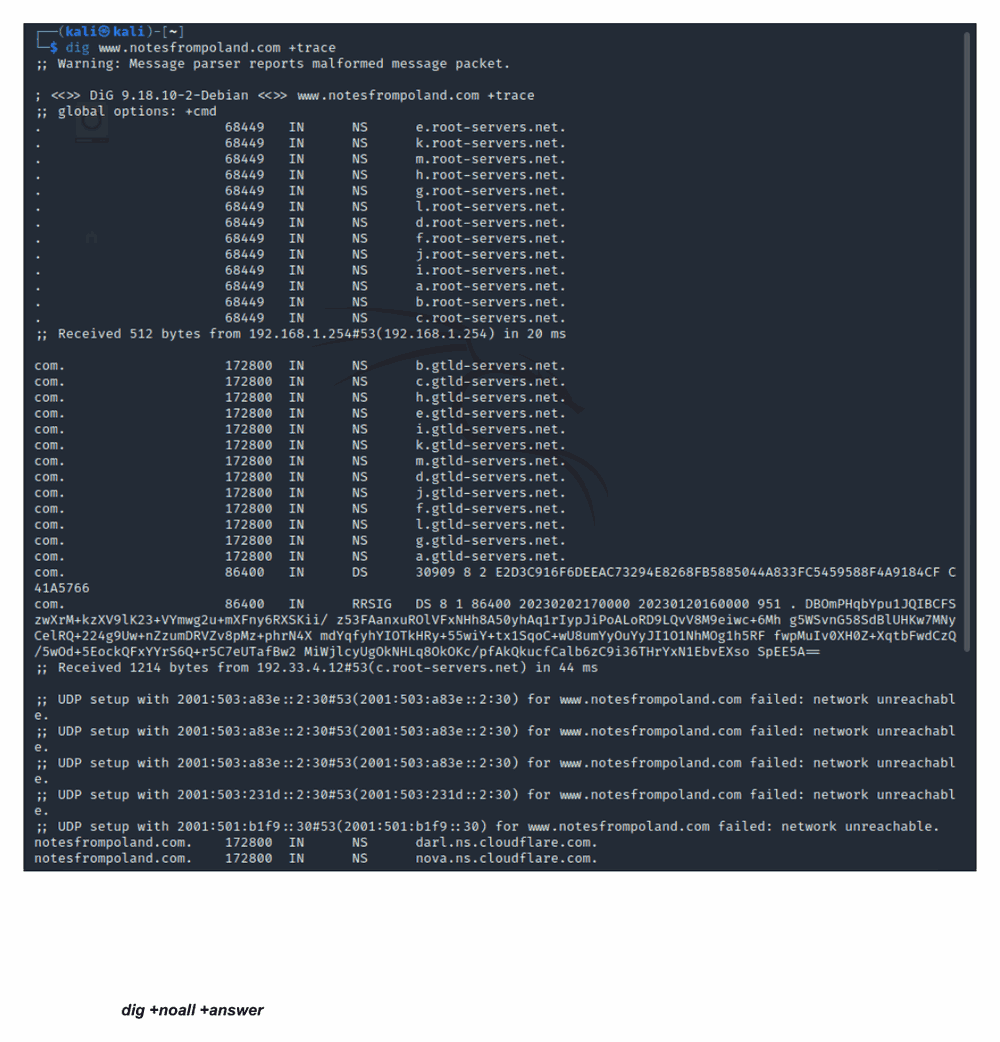 Lab 10: the output of dig +trace, walking DNS delegation from the root servers through the com gtld servers down to the target's Cloudflare nameservers