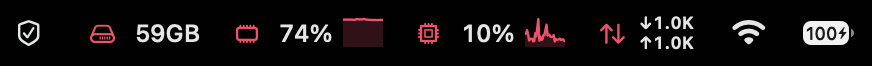 Mectrics in the macOS menu bar: free disk space, memory, CPU with a sparkline, and network activity