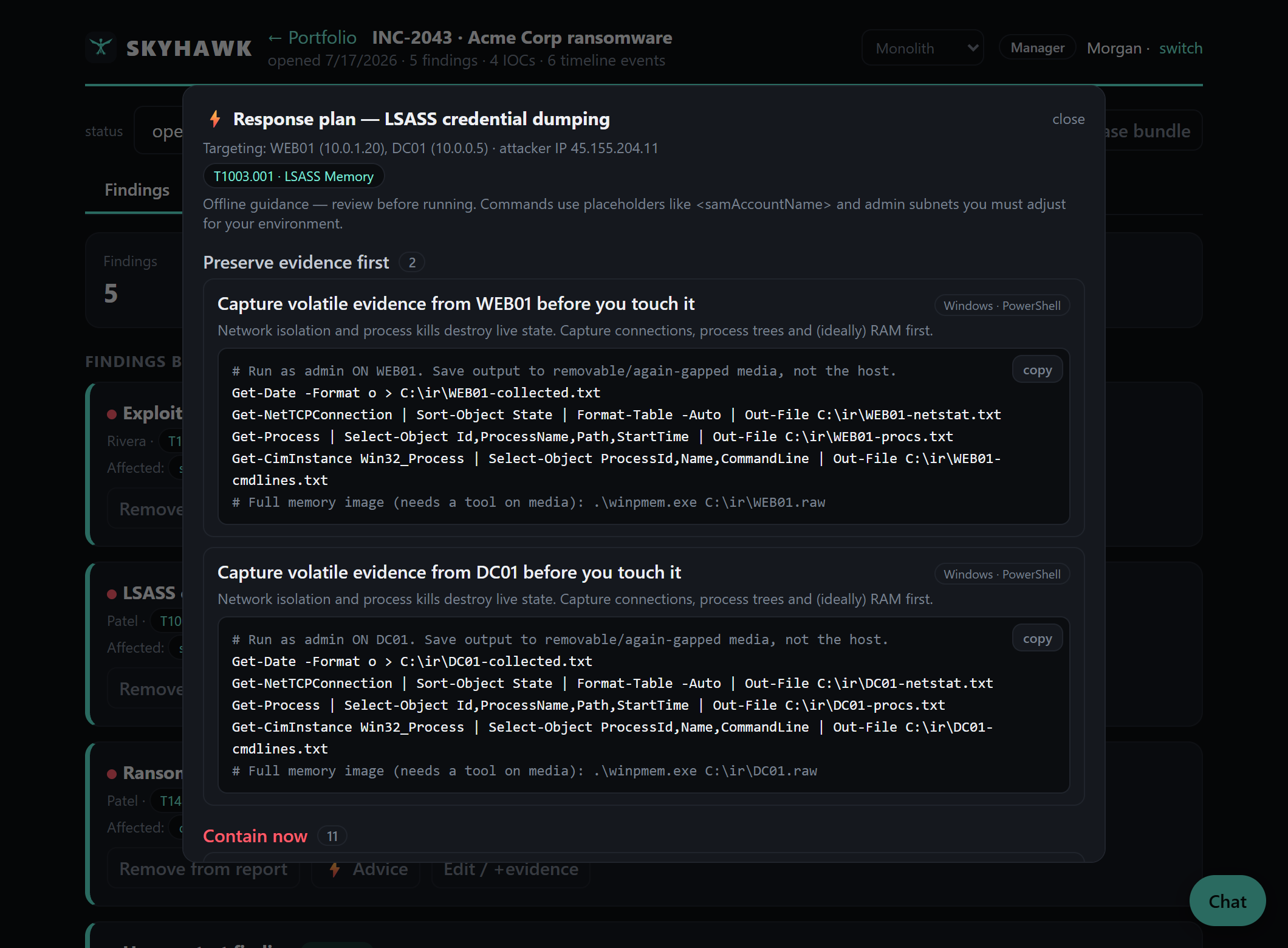 Response advisor with copy-paste commands
