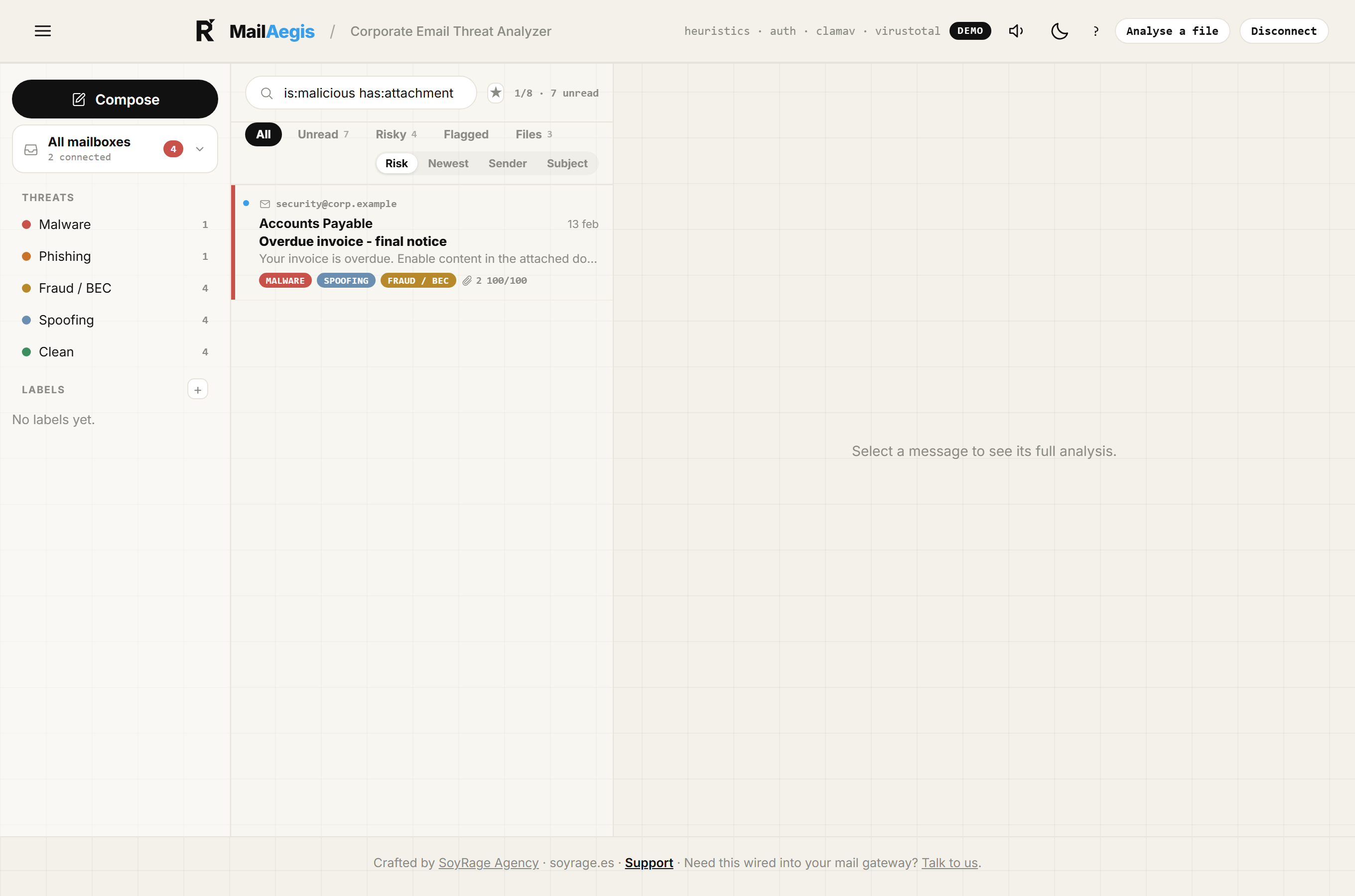 MailAegis search using operators: is:malicious has:attachment, filtering the message list