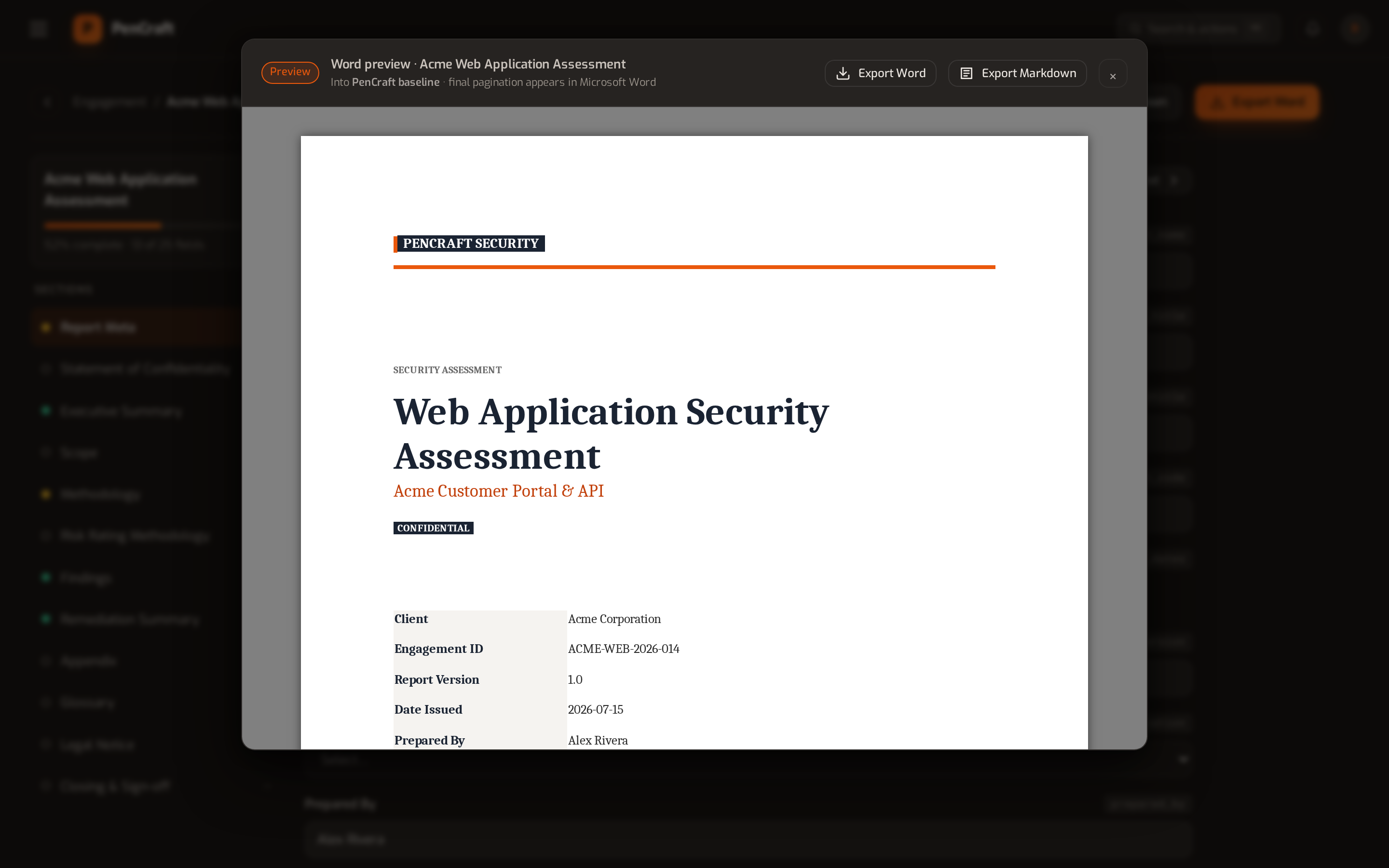 The in-browser preview renders the actual exported Word document