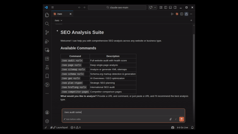 Claude SEO /seo audit 演示:并行子 agent 生成优先级排序的行动计划