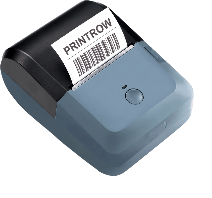 A KNAON Y50P thermal printer, lid closed, presenting a freshly printed label that reads PRINTROW above a barcode