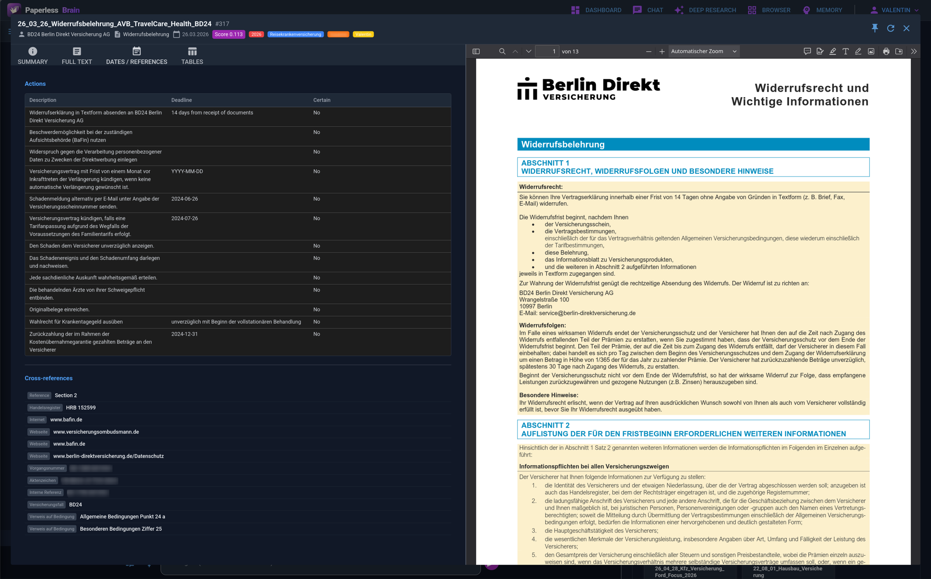 Document detail dialog with vision-read pages, tables and actions