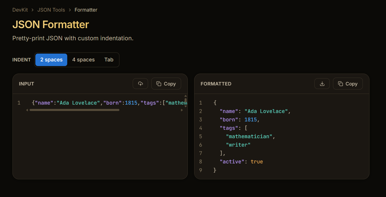 JSON Formatter tool with syntax-highlighted input and output panels