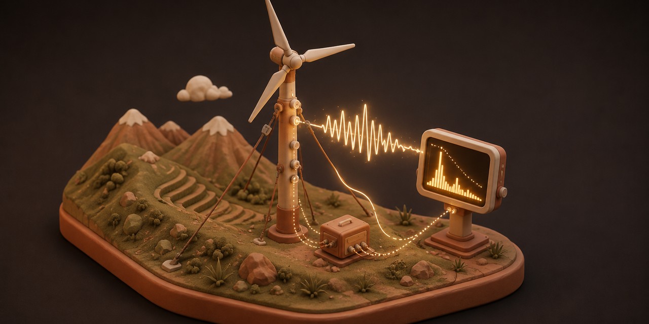 A guyed wind turbine on an Andean hillside streams vibration signals into a frequency-spectrum console