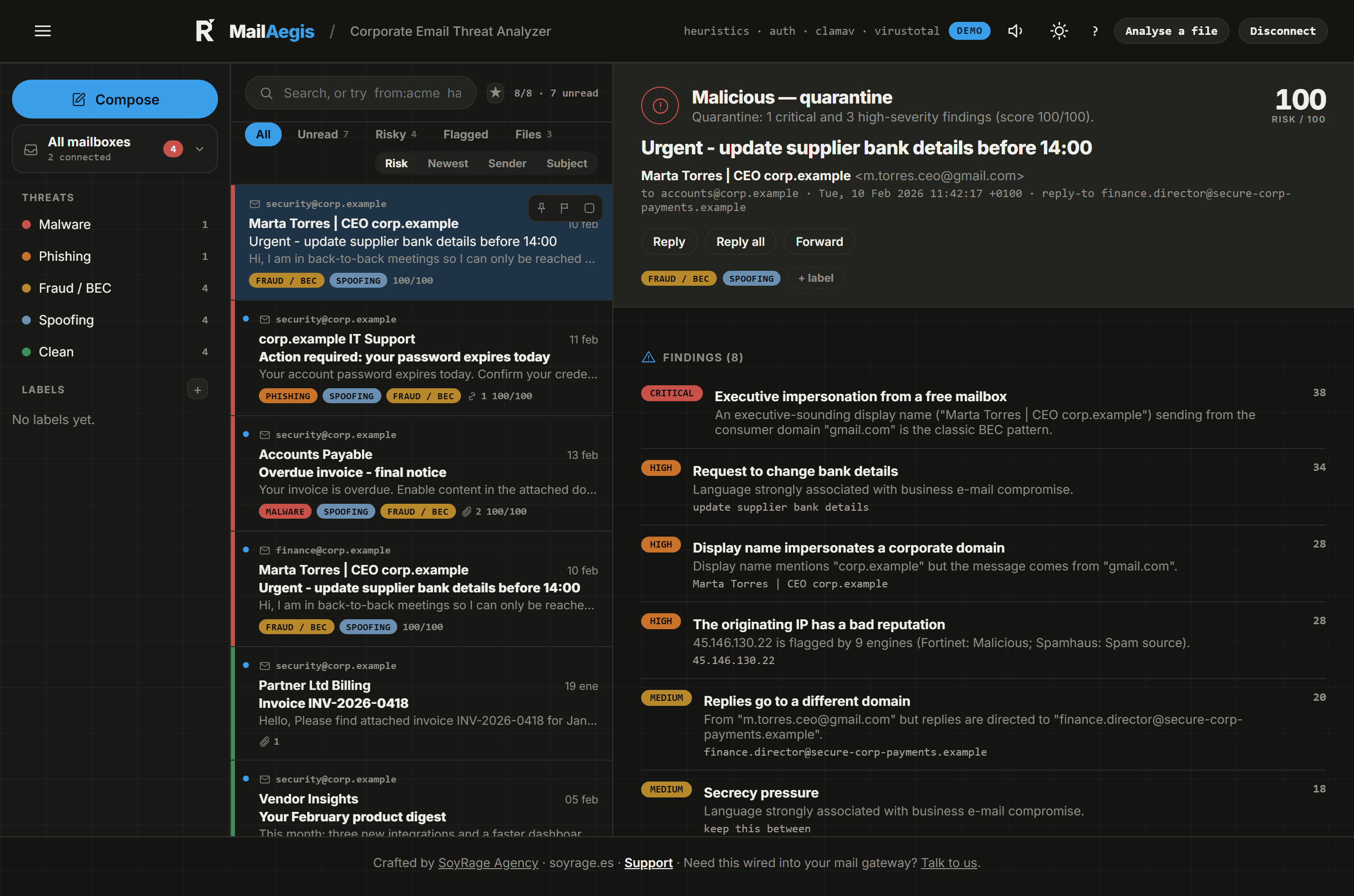 MailAegis in dark mode showing the message list and threat analysis