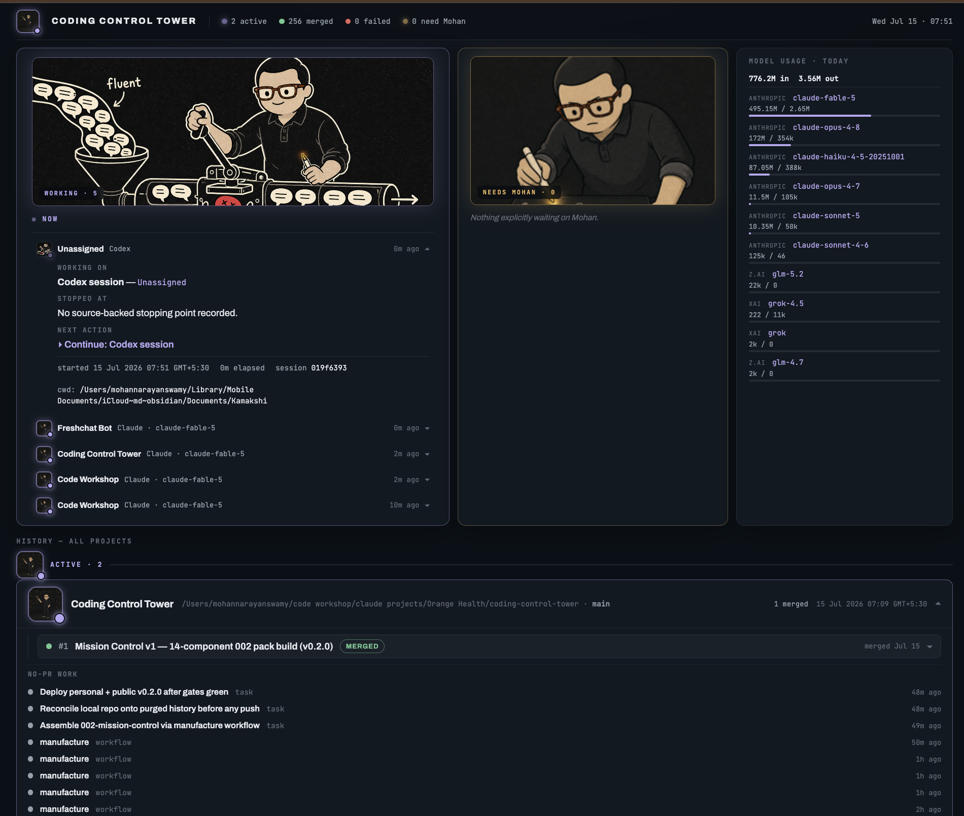 Coding Control Tower — 实时任务控制中心:会话折叠面板、待处理队列、多 provider 使用量