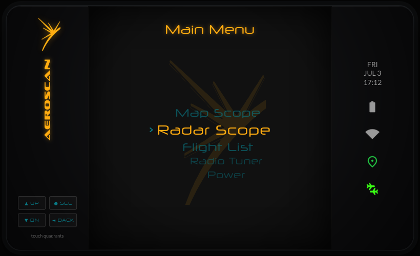 AeroScan main menu — arc menu with Radar Scope focused, brand column left, status rail right