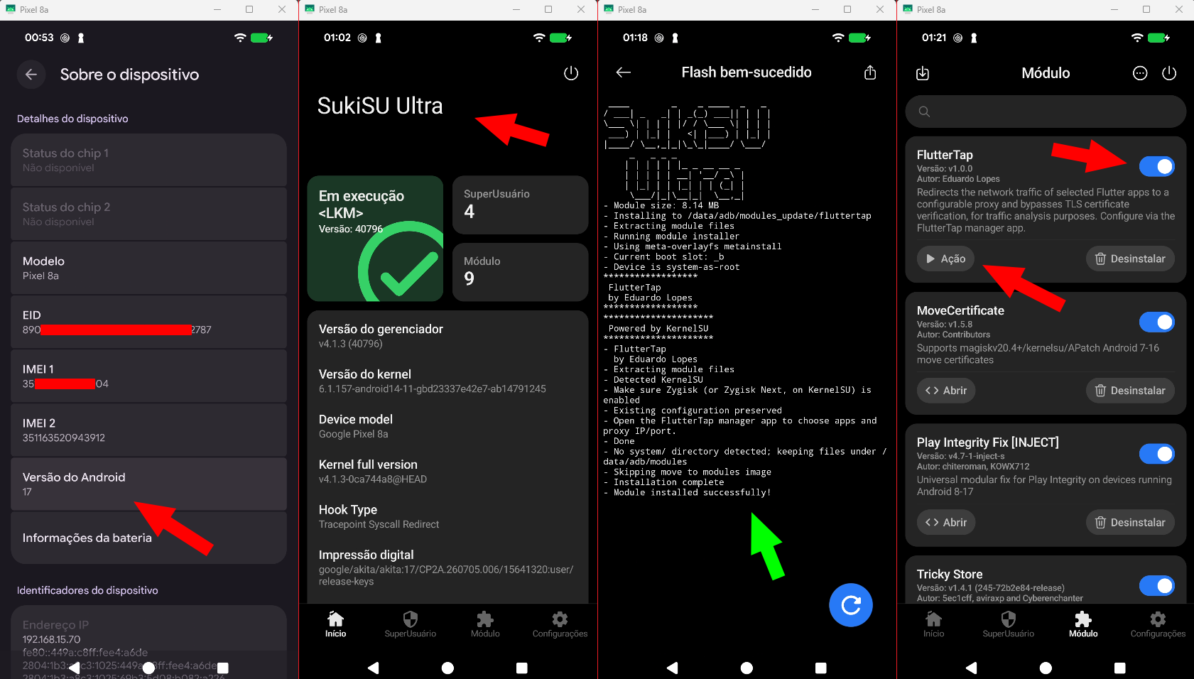Android 17 on a Pixel 8a, SukiSu Ultra running, the install log, and the module enabled