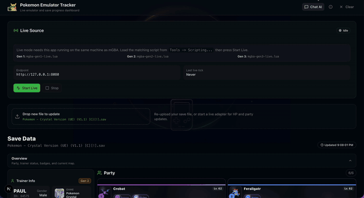 Pokemon Emulator Tracker dashboard overview