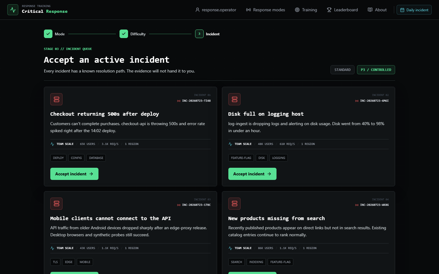 Controlled incident queue with system scale and incident summaries