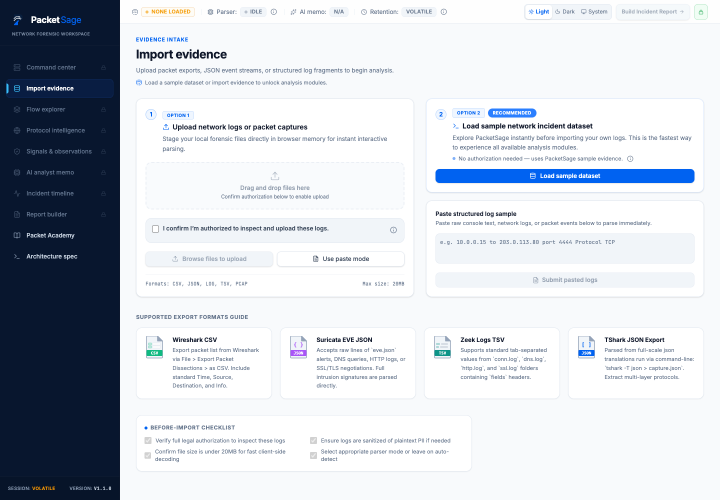PacketSage Import Evidence screen for uploading authorized packet exports, loading a sample incident dataset, or pasting structured logs.